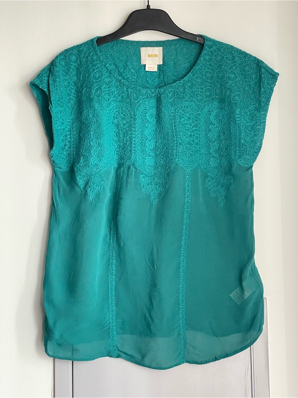 ANTHROPOLOGIE MAEVE Sheridan Embroidered Cap-Sleeve Blouse - Teal